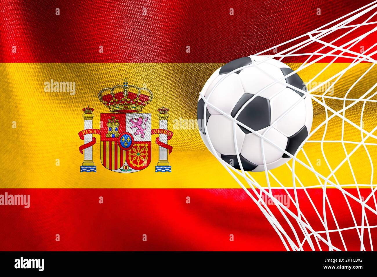 FIFA World Cup 2022, Spain National flag with a soccer ball in net, Qatar 2022 Wallpaper, 3D work and 3D image. Yerevan, Armenia - 2022 September 16 Stock Photo