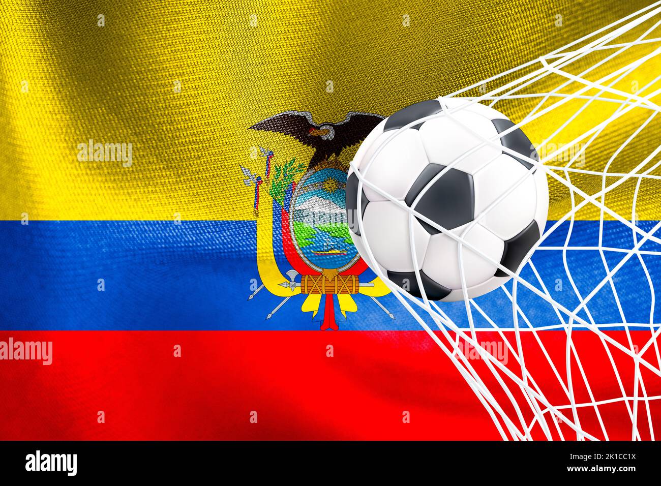 FIFA World Cup 2022, Ecuador National flag with a soccer ball in net, Qatar 2022 Wallpaper, 3D work and 3D image. Yerevan, Armenia - 2022 September 16 Stock Photo