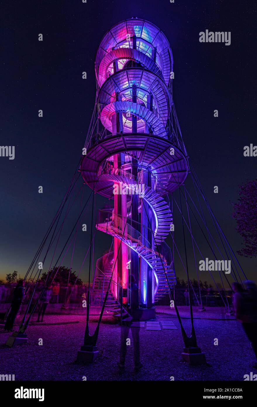 Colourfully illuminated Schoebuchturm observation tower at night