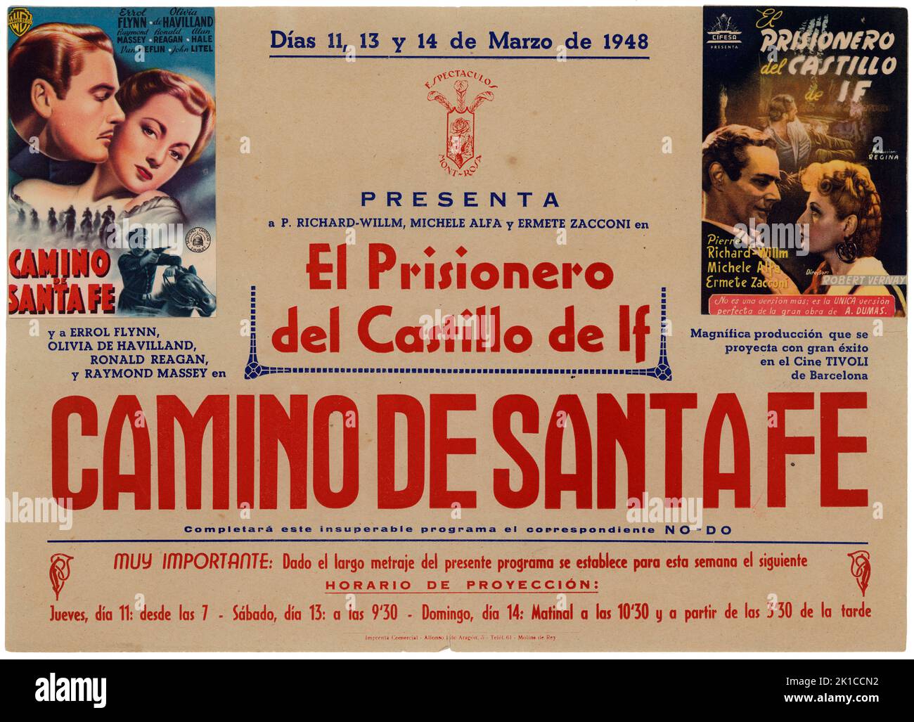 España. Molins de Rey. Cartel de programación de películas El prisionero del castillo de If y Camino de Santa Fe, en Molins de Rey. Marzo de 1948. Stock Photo