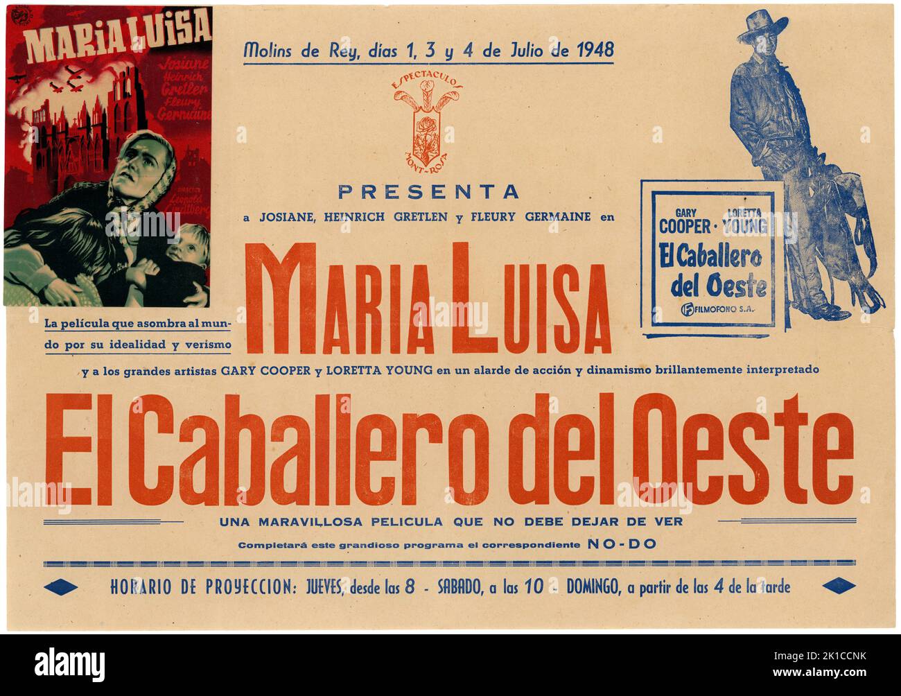 España. Molins de Rey. Cartel de programación de películas María Luisa y El caballero del Oeste, en Molins de Rey. Junio de 1948. Stock Photo