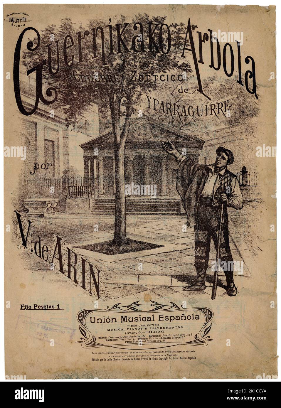 Partitura musical del himno vasco Guernikako Arbola, de Yparraguirre. Años 1900. Stock Photo
