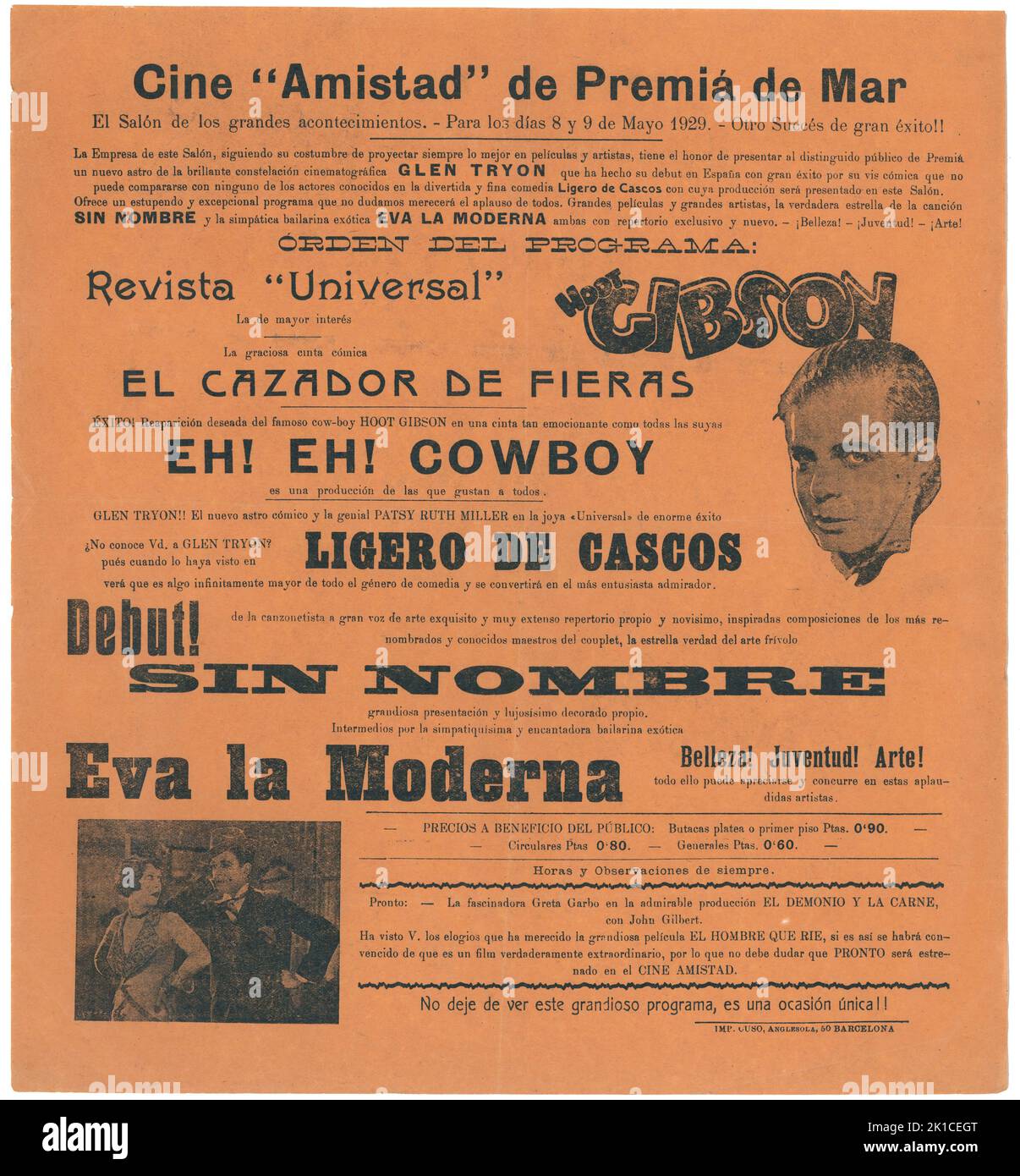 España. Premià de Mar. Cartel de programación de películas en el cine Amistad, de Premiá de Mar. Mayo de 1929. Stock Photo