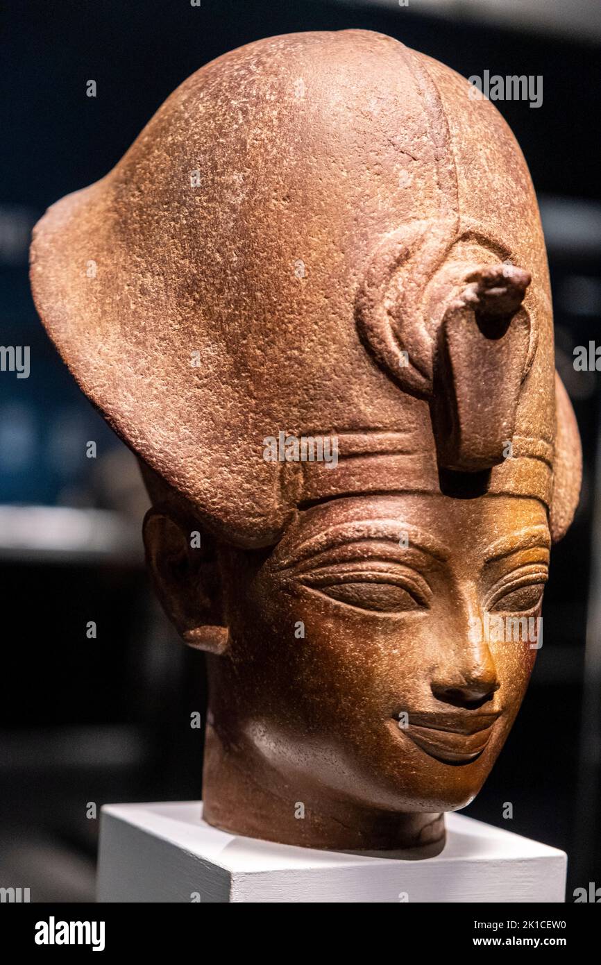 head of pharaoh Mentuhotep III, red quartzite, 18th dynasty, Egypt, collection of the British