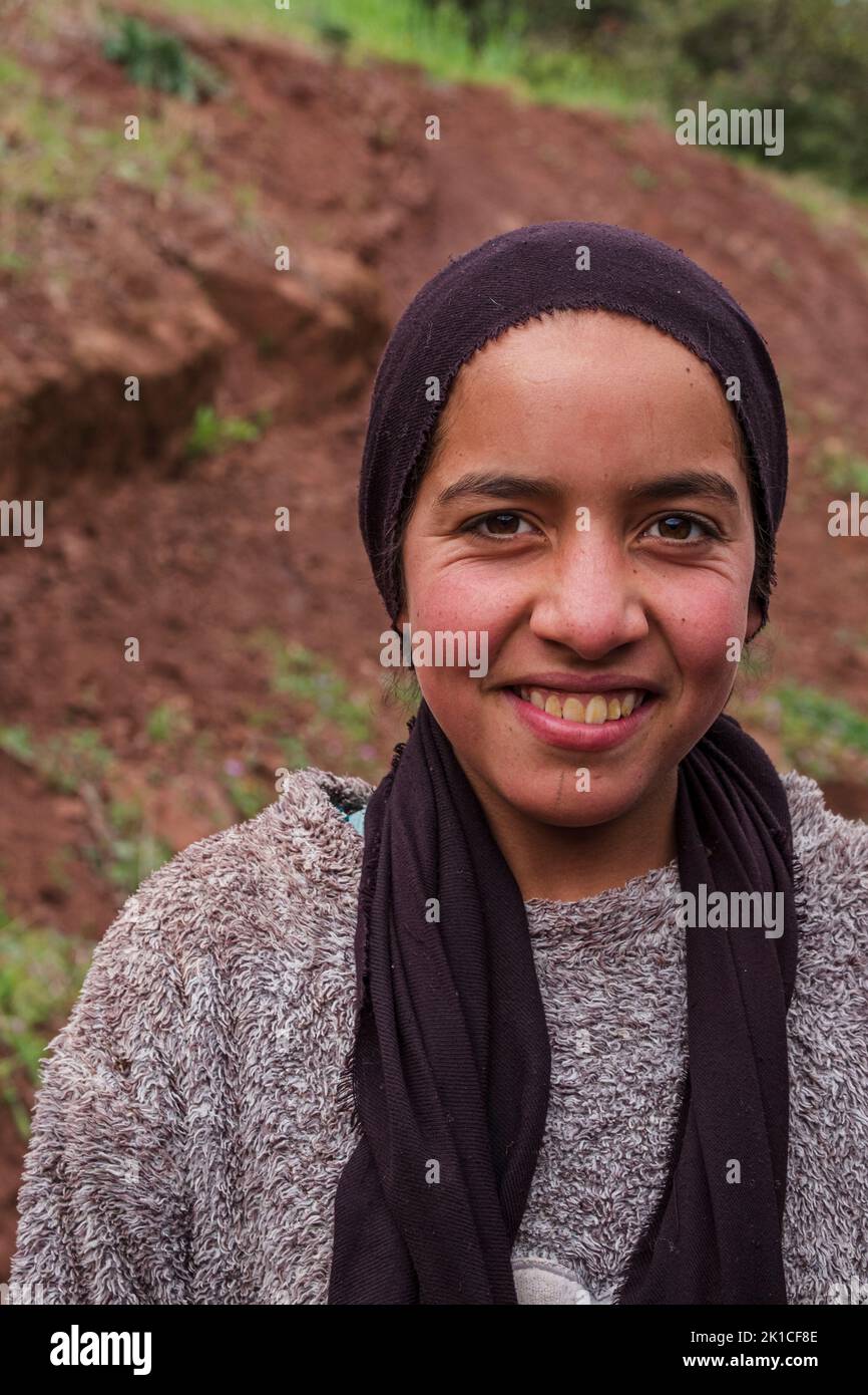teenage berber girl with headscarf, Ait Blal, azilal province, Atlas