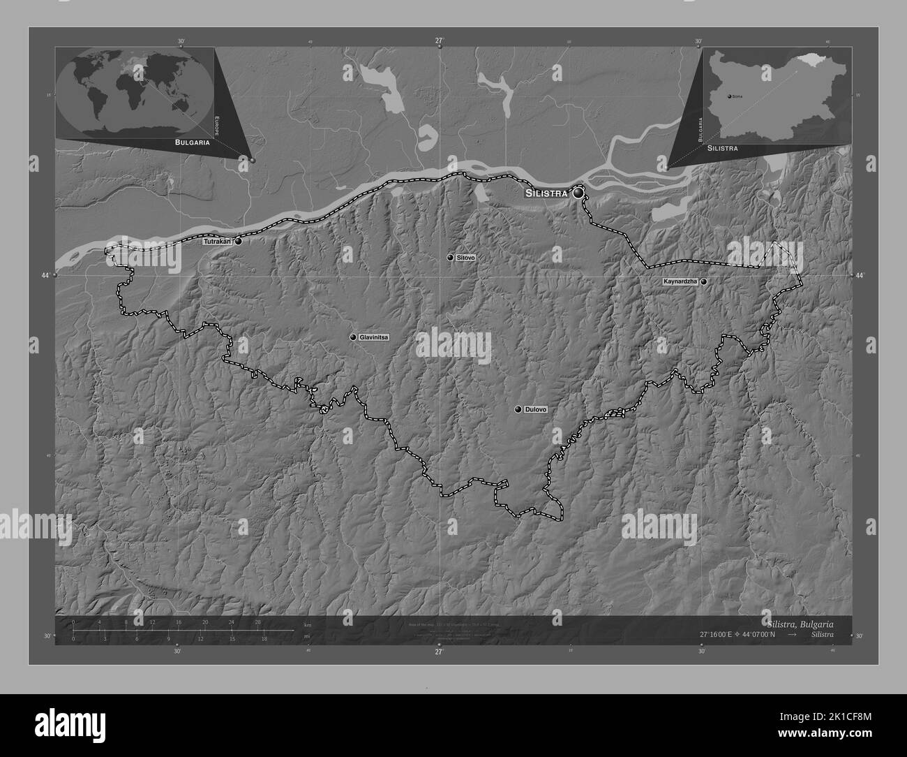 Silistra, province of Bulgaria. Bilevel elevation map with lakes and ...