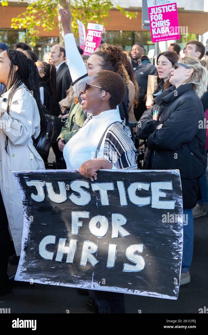 New Scotland Yard, London, England, UK Saturday 17 September 2022 National day of action organised by, We Stand United For Black Lives, Seeking Justice for Chris Kaba, the young black man fatally shot by a police officer on the 5th September 2022. Credit: Denise Laura Baker/Alamy Live News Stock Photo