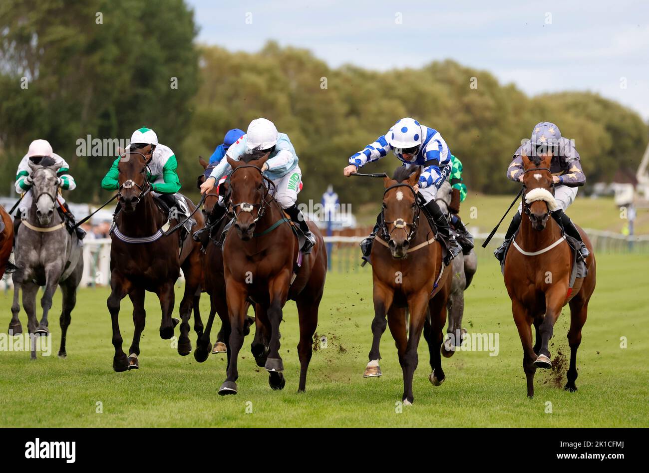 Abduction ridden by jockey Paul Mulrennan (centre right)wins the Get Home Safe With Thistle Cabs Handicap during the Virgin Bet Ayr Gold Cup day at Ayr Racecourse, Ayr. Picture date: Saturday September 17, 2022. Stock Photo