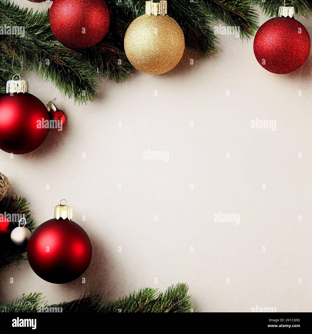 Christmas background, baubles and branch. AI generated computer graphics. 3D rendering. Stock Photo