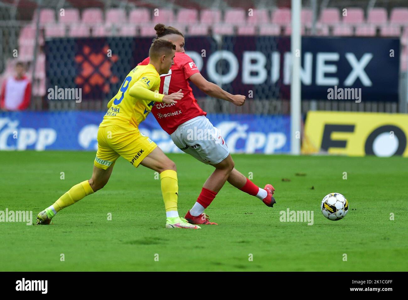 Soccer player of Teplice Robert Jukl and Filip Soucek of Brno in action during the first league match Zbrojovka Brno vs FK Teplice in Brno, Czech Republic, September 17, 2022. (CTK Photo/Vaclav Salek) Stock Photo