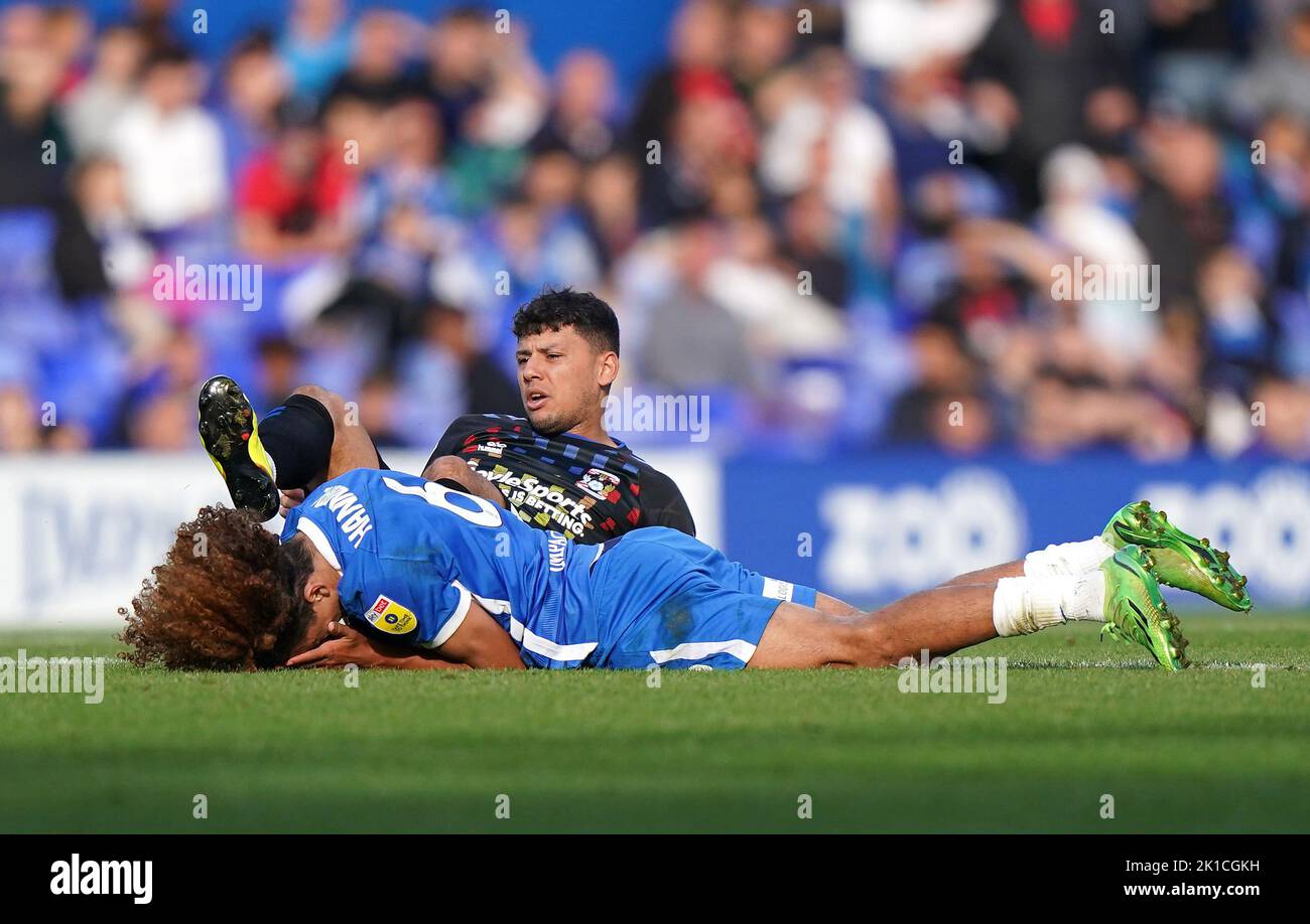 Coventry City's Gustavo Hamer fouls Birmingham City's Hannibal Mejbri which results in a red card and being sent off during the Sky Bet Championship match at St Andrew's, Birmingham. Picture date: Saturday September 17, 2022. Stock Photo