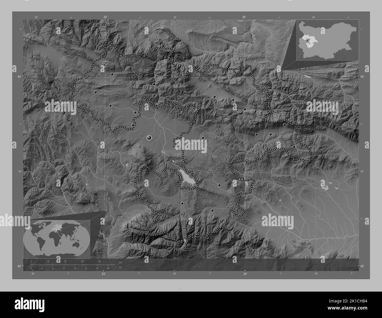 Sofia, province of Bulgaria. Grayscale elevation map with lakes and