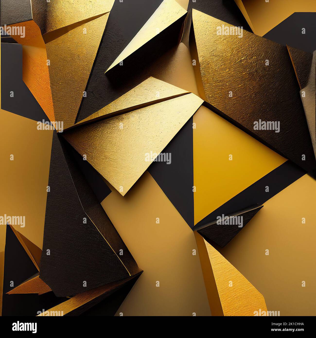 Abstract banner with gold geometric shapes. AI generated computer graphics. 3D rendering. Stock Photo