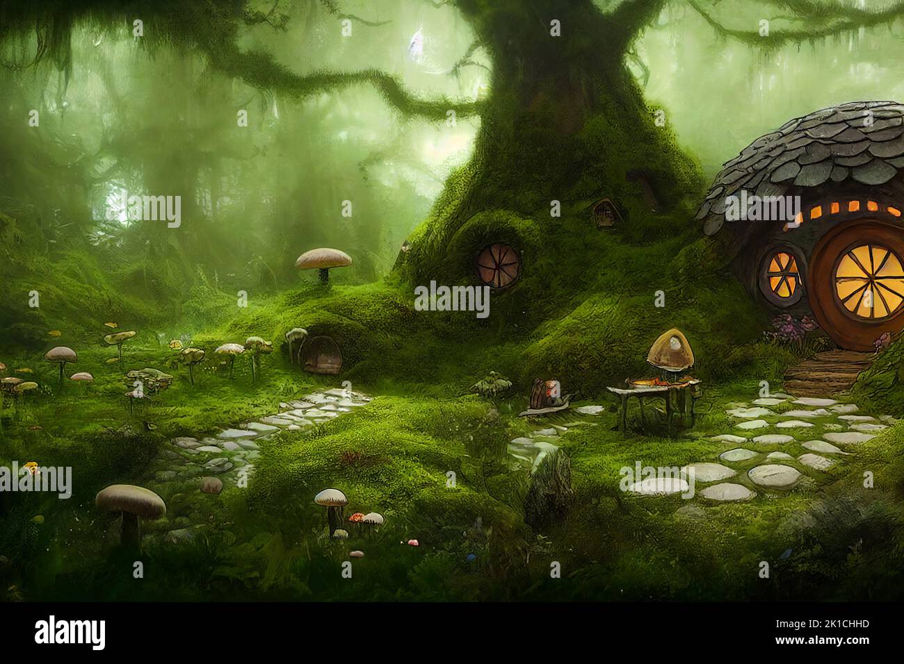 Fantasy fairy tale forest with magical shining window of elf or gnome house. AI generated computer graphics. 3D rendering. Stock Photo