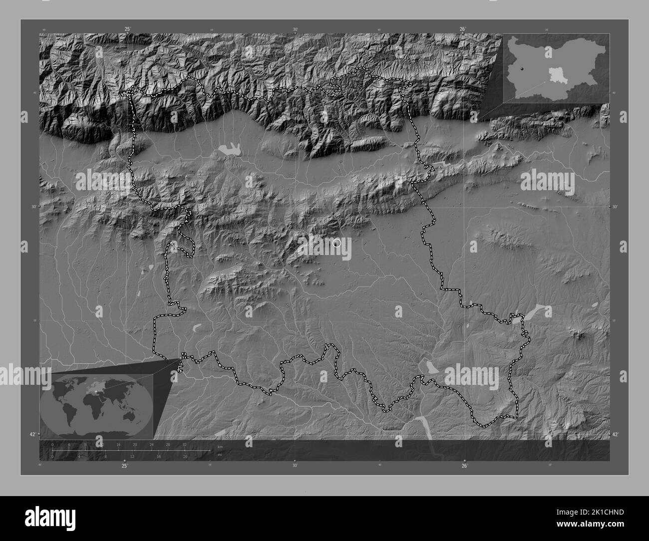 Stara Zagora, province of Bulgaria. Bilevel elevation map with lakes ...