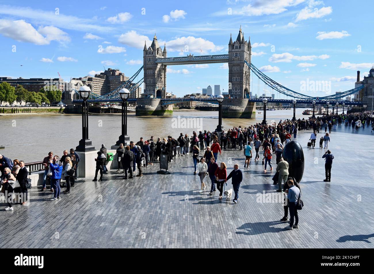 London, UK. The Queen's Walk, near Tower Bridge. The queue for Queen Elizabeth II's Lying-in-State stretched from Southwark Park to Westminster Hall taking up to 14 hours to reach it's destination. Credit: michael melia/Alamy Live News Stock Photo