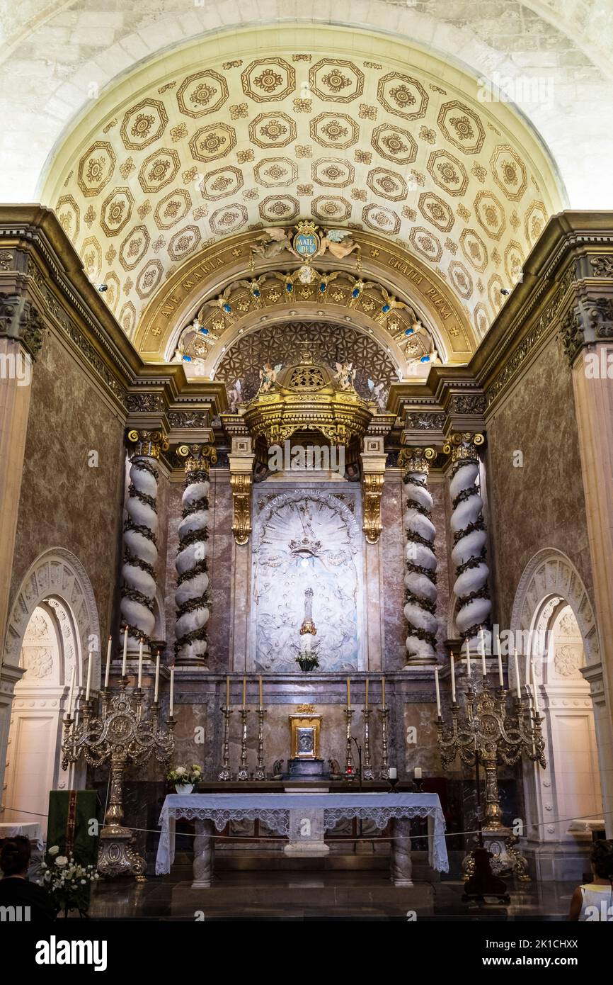 Gothic altarpiece and colorful paintings of religious imagery, Sanctuary of the Mare de Déu de Sant Salvador, XIV century., Felanitx, Majorca, Baleari Stock Photo