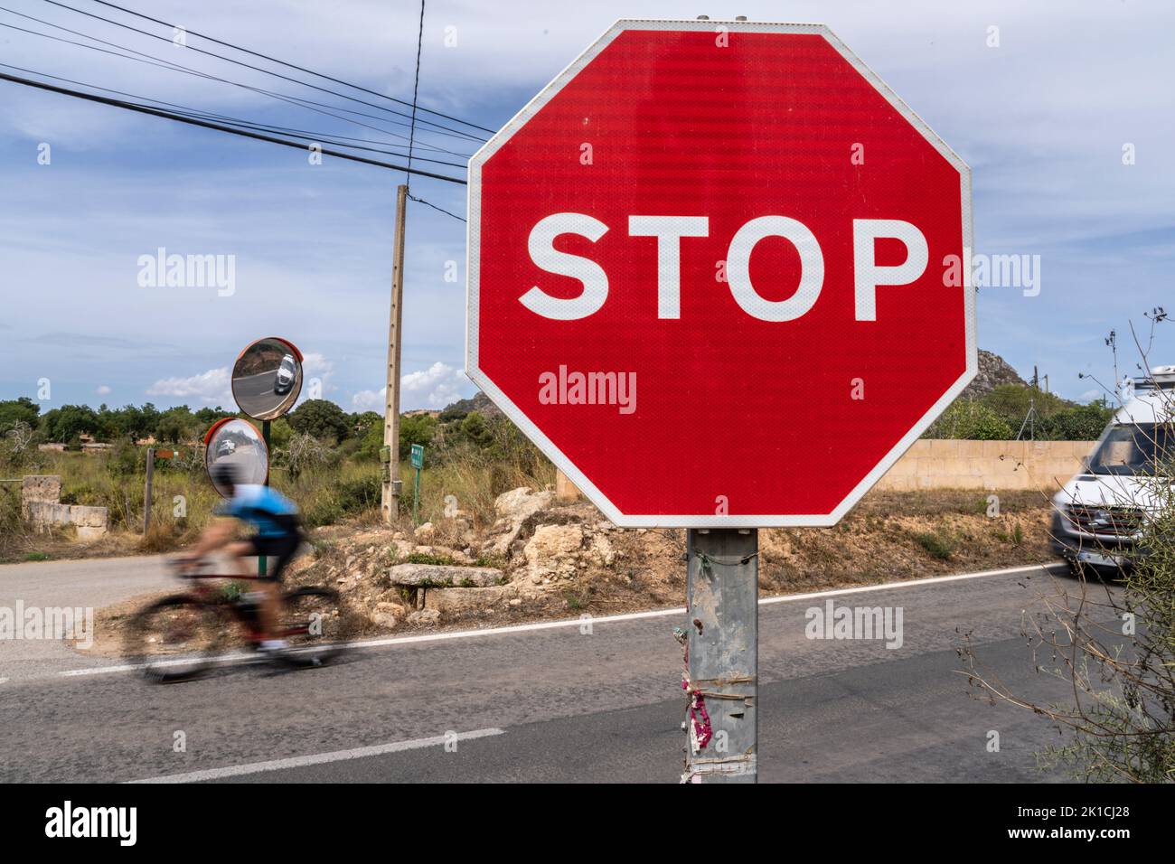 mandatory stop traffic sign, road from Algaida to Llucmajor, Majorca, Balearic Islands, Spain Stock Photo