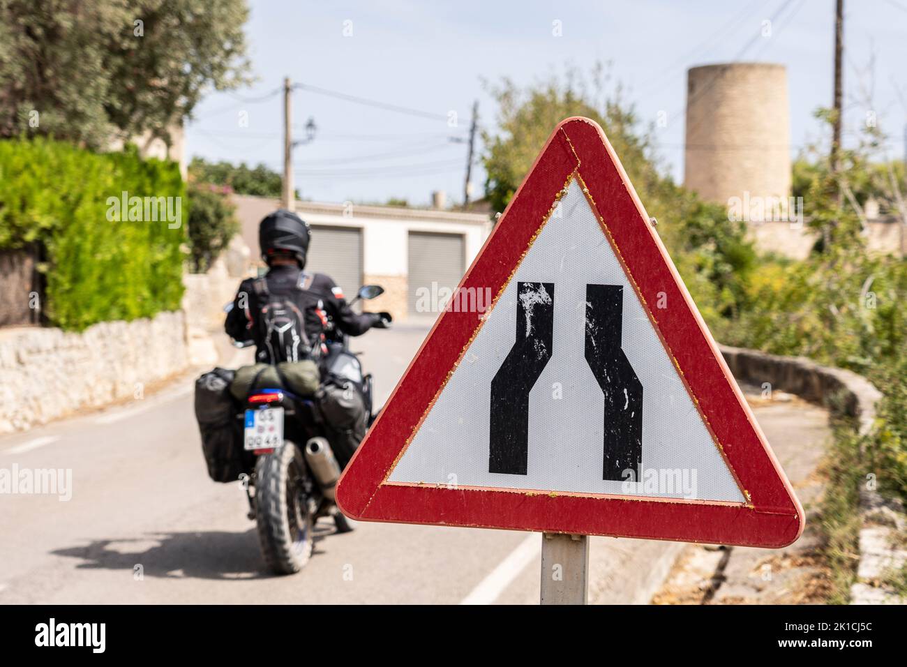 road narrowing traffic sign, P17, Randa, Majorca, Balearic Islands, Spain Stock Photo