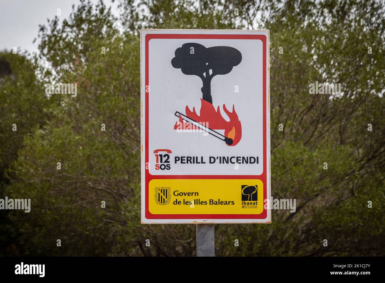 warning of maximum risk of forest fire, traffic sign, Majorca, Balearic Islands, Spain Stock Photo