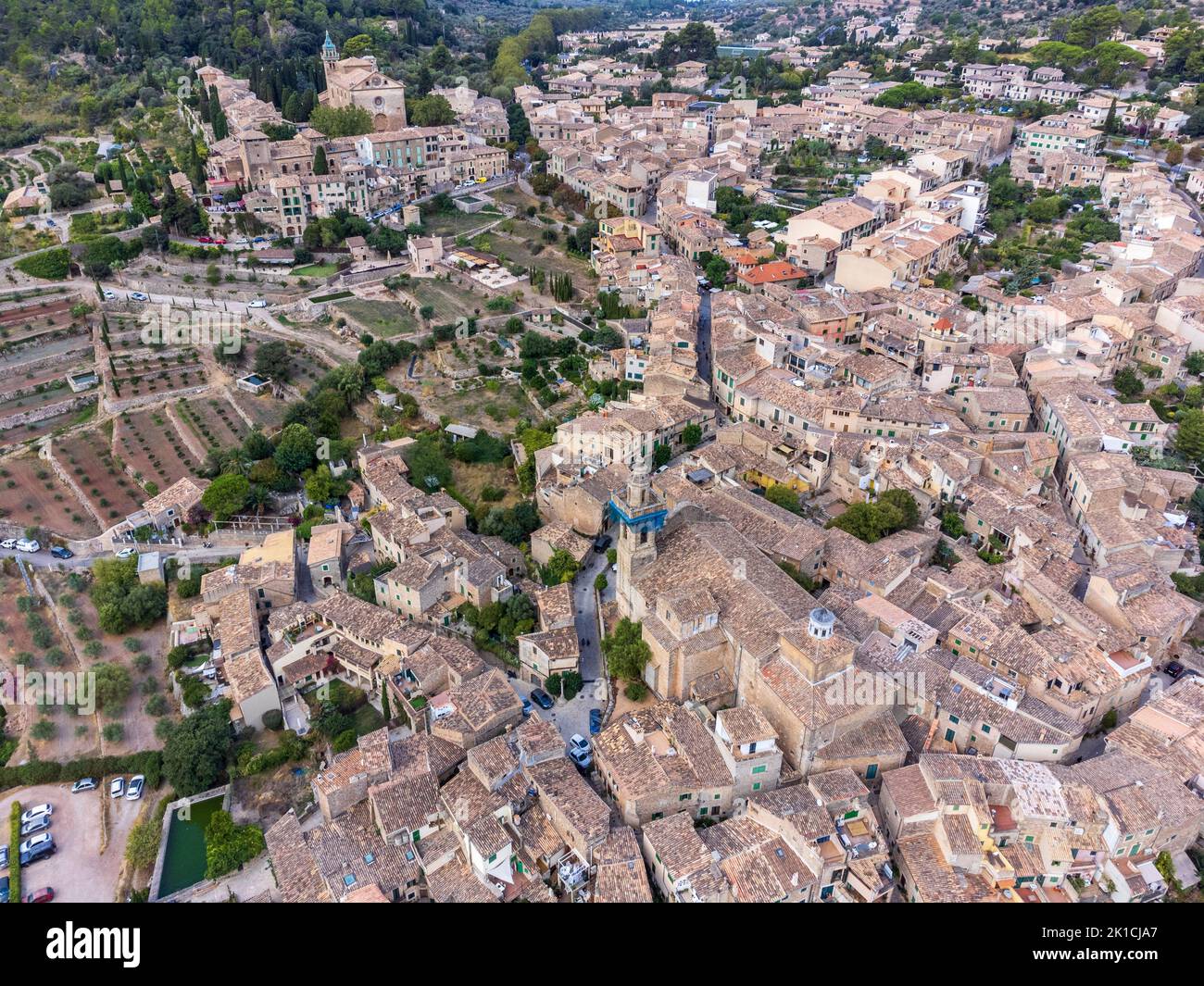 Valldemossa, view from above of the village and the roofs,  Majorca, Balearic Islands, Spain Stock Photo