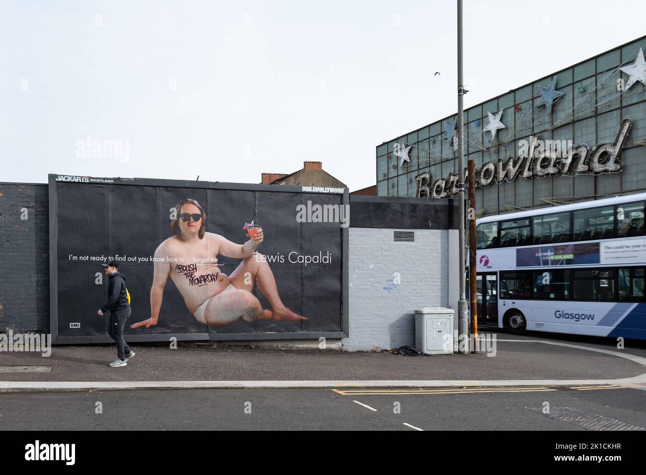 Glasgow, Scotland, UK - Abolish the Monarchy graffiti on Lewis Capaldi billboard Credit: Kay Roxby/Alamy Live News Stock Photo