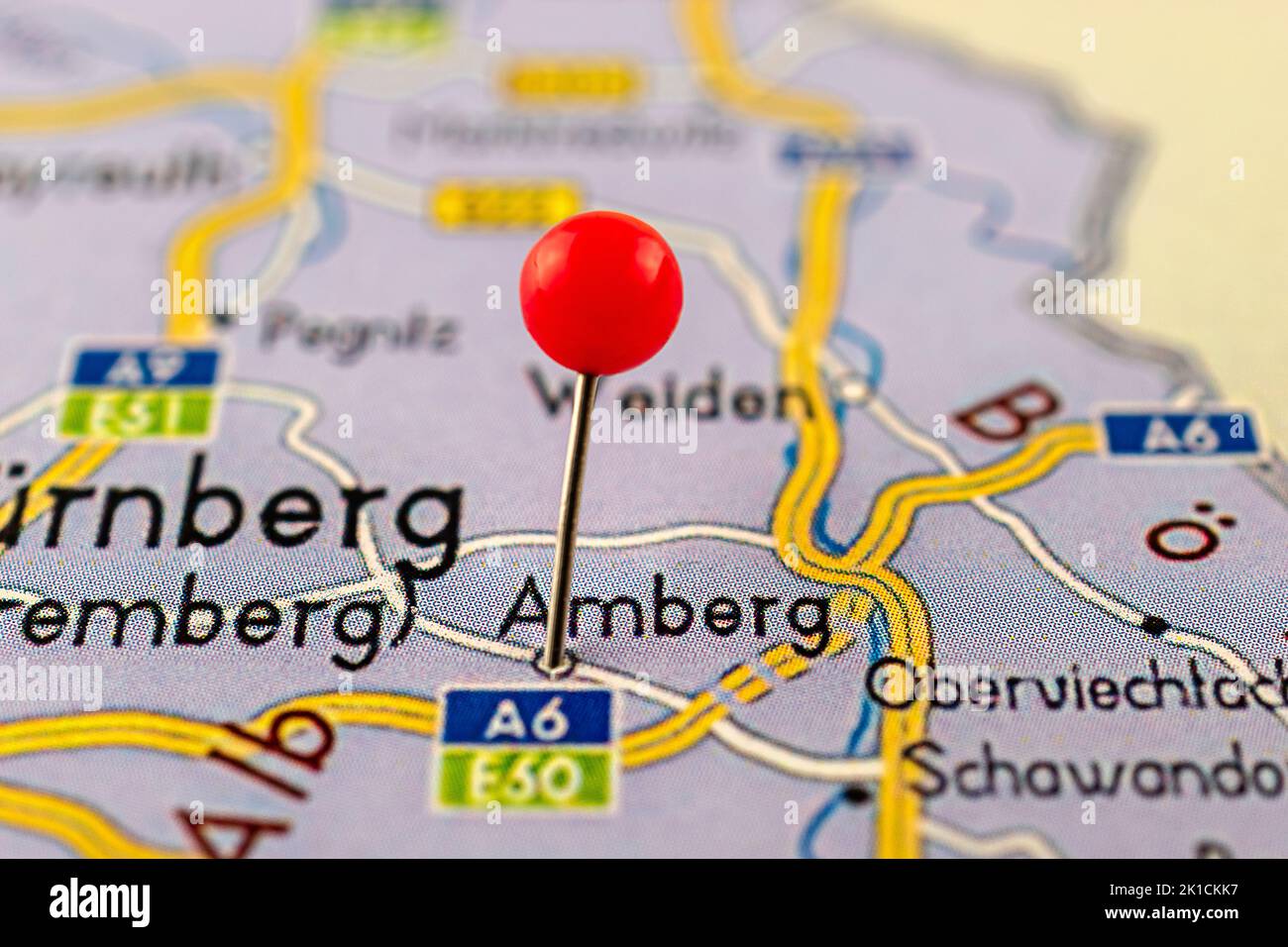Amberg map. Close up of Amberg map with red pin. Map with red pin point