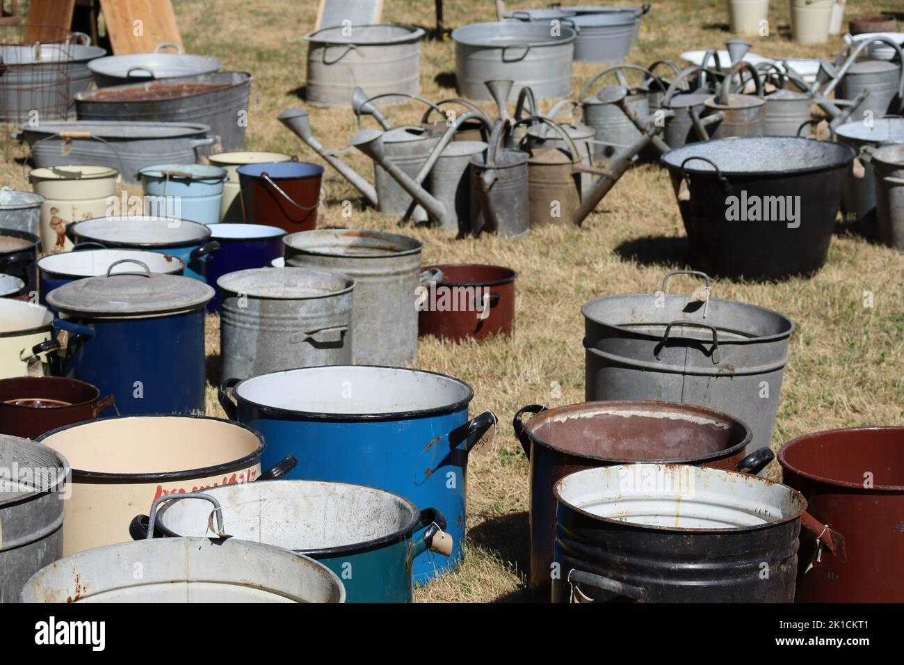 Flea market of Pots and Watering cans Stock Photo