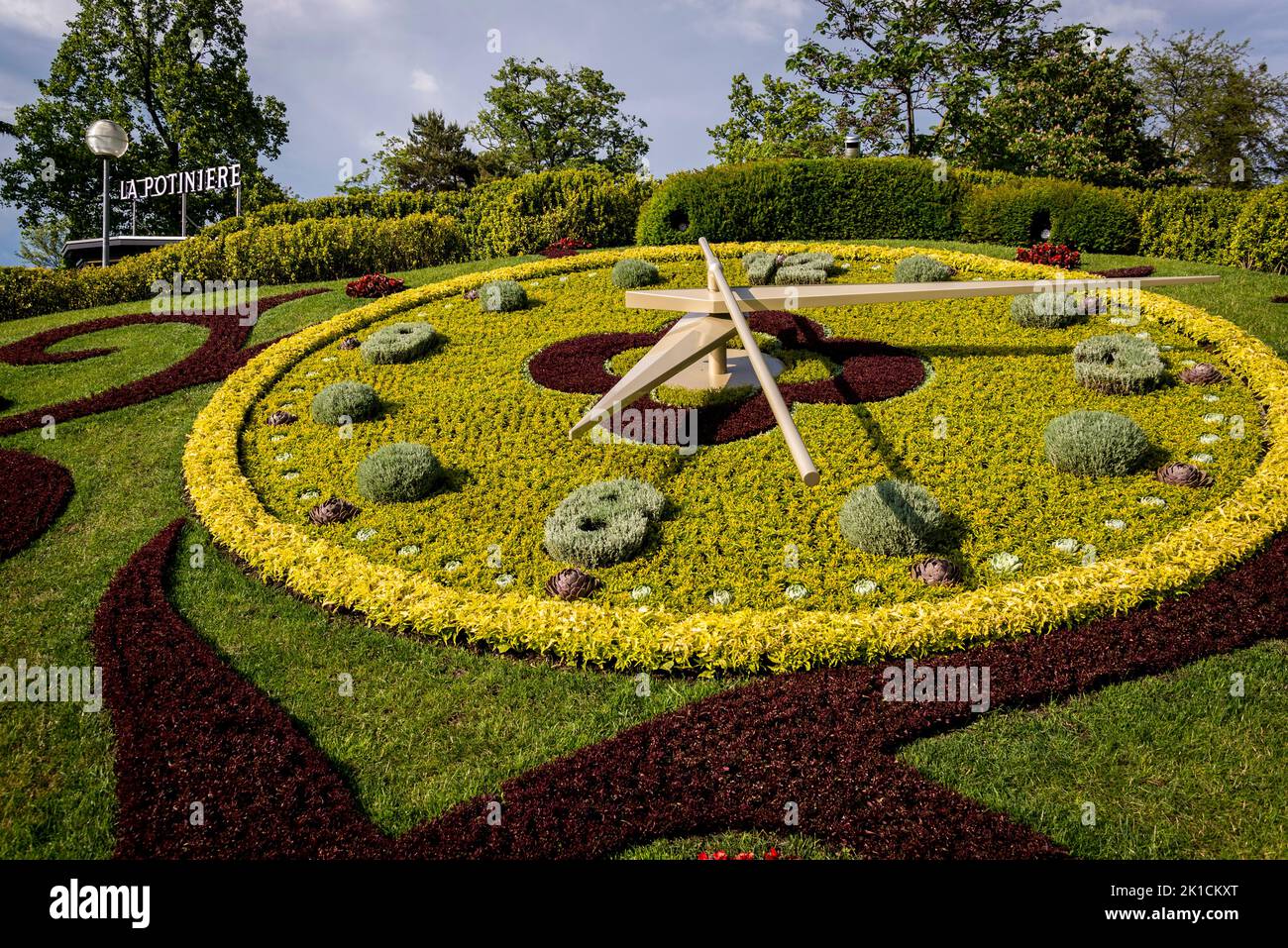 L'horloge fleurie, or the flower clock, is an outdoor flower clock located on the western side of Jardin Anglais park, Geneva, Switzerland Stock Photo