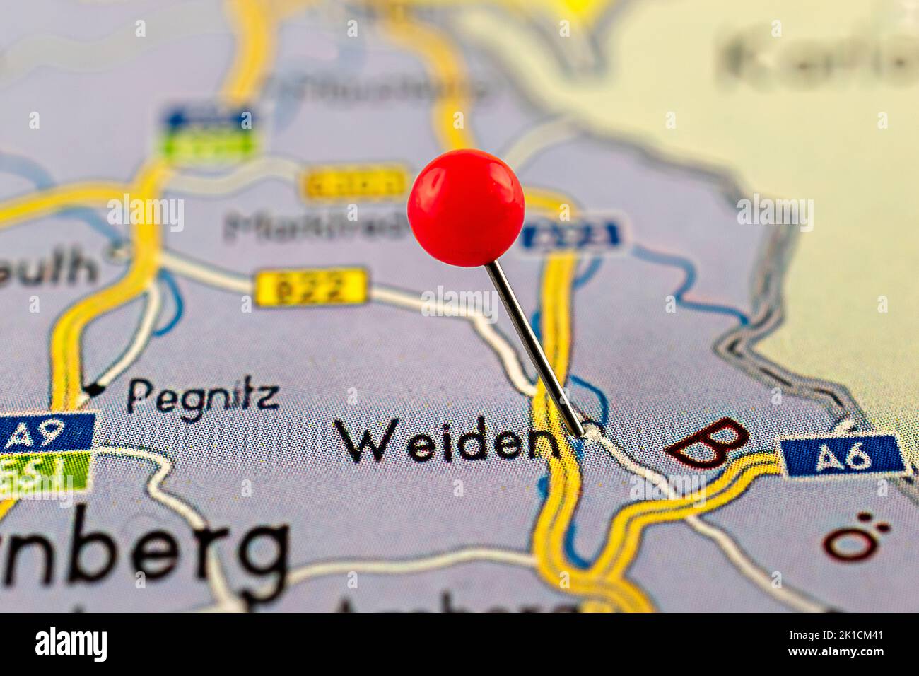 Weiden map. Close up of Weiden map with red pin. Map with red pin point of Weiden in Germany. Stock Photo