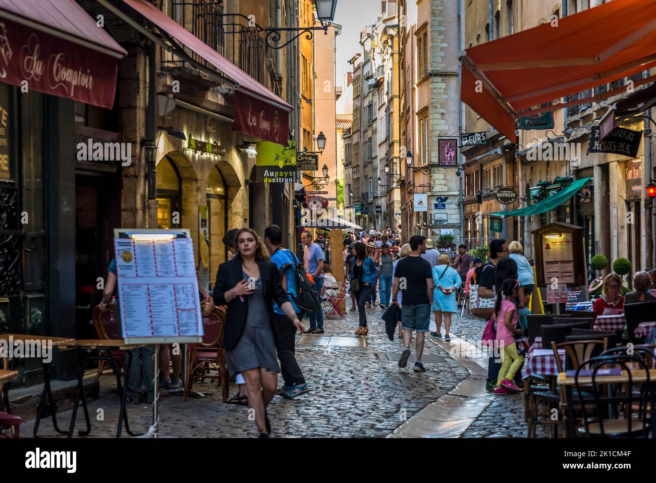 Busy atmospheric street in Vieux Lyon or Old Lyon, one of Europe’s most extensive Renaissance neighbourhoods, Lyon, France Stock Photo