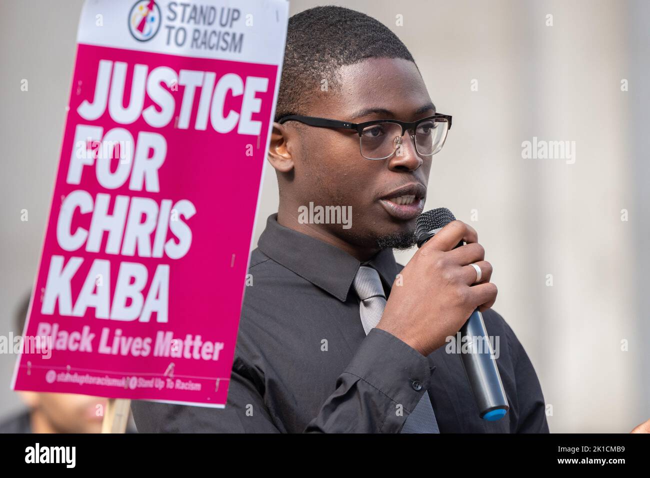 Manchester, UK. 17th Sep, 2022. Yisrael from the NOVO organisation. Manchester St Peters Square protesters gather for National day to bring attention for Chris Kaba, 24, who was shot dead by an armed Met Police unit, 5th September, following a car chase in Streatham, south London. An investigation by the Independent Office for Police Conduct found out that he was not armed. Once the IOPC concludes its investigation there may be a further delay while prosecutors decide whether or not to bring charges. If no charges follow, there is expected to be an inquiry, which will also act as the inquest i Stock Photo