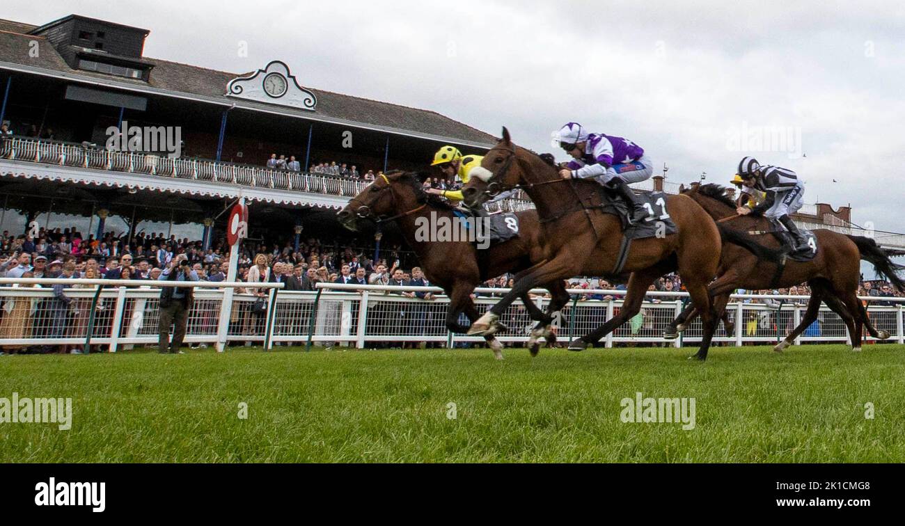 Aimeric ridden by jockey Jack Mitchell (left) wins the Jordan Electrics Ltd Handicap during the Virgin Bet Ayr Gold Cup day at Ayr Racecourse, Ayr. Picture date: Saturday September 17, 2022. Stock Photo