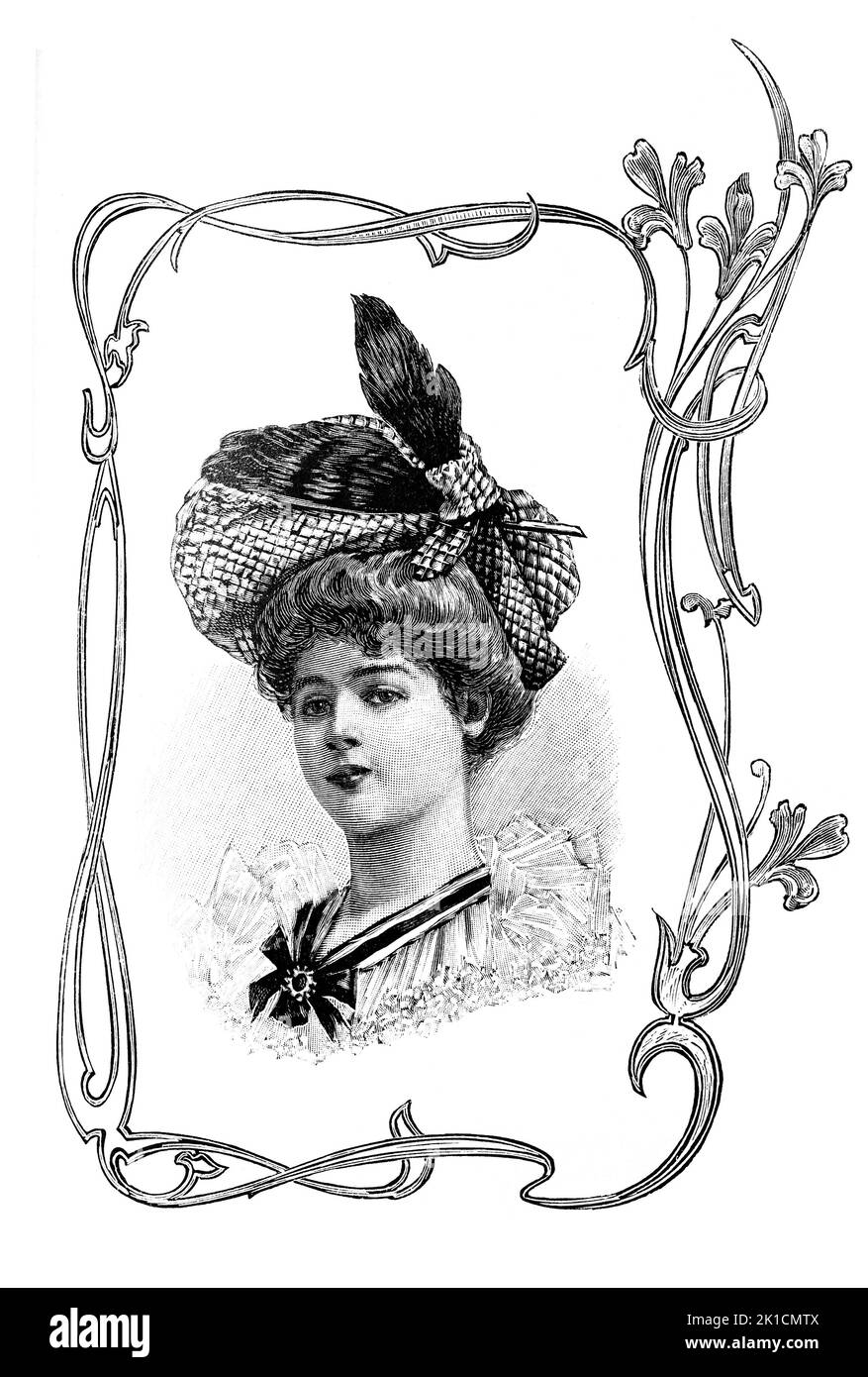 Young woman with beautiful hat. Vintage fashion engraving from 1900, France, Paris Stock Photo