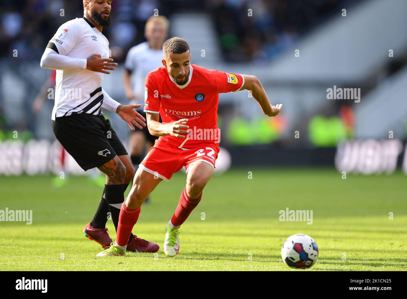 Nick Freeman of Wycombe Wanderers in action during the Sky Bet League 1 match between Derby County and Wycombe Wanderers at Pride Park, Derby on Saturday 17th September 2022. Stock Photo