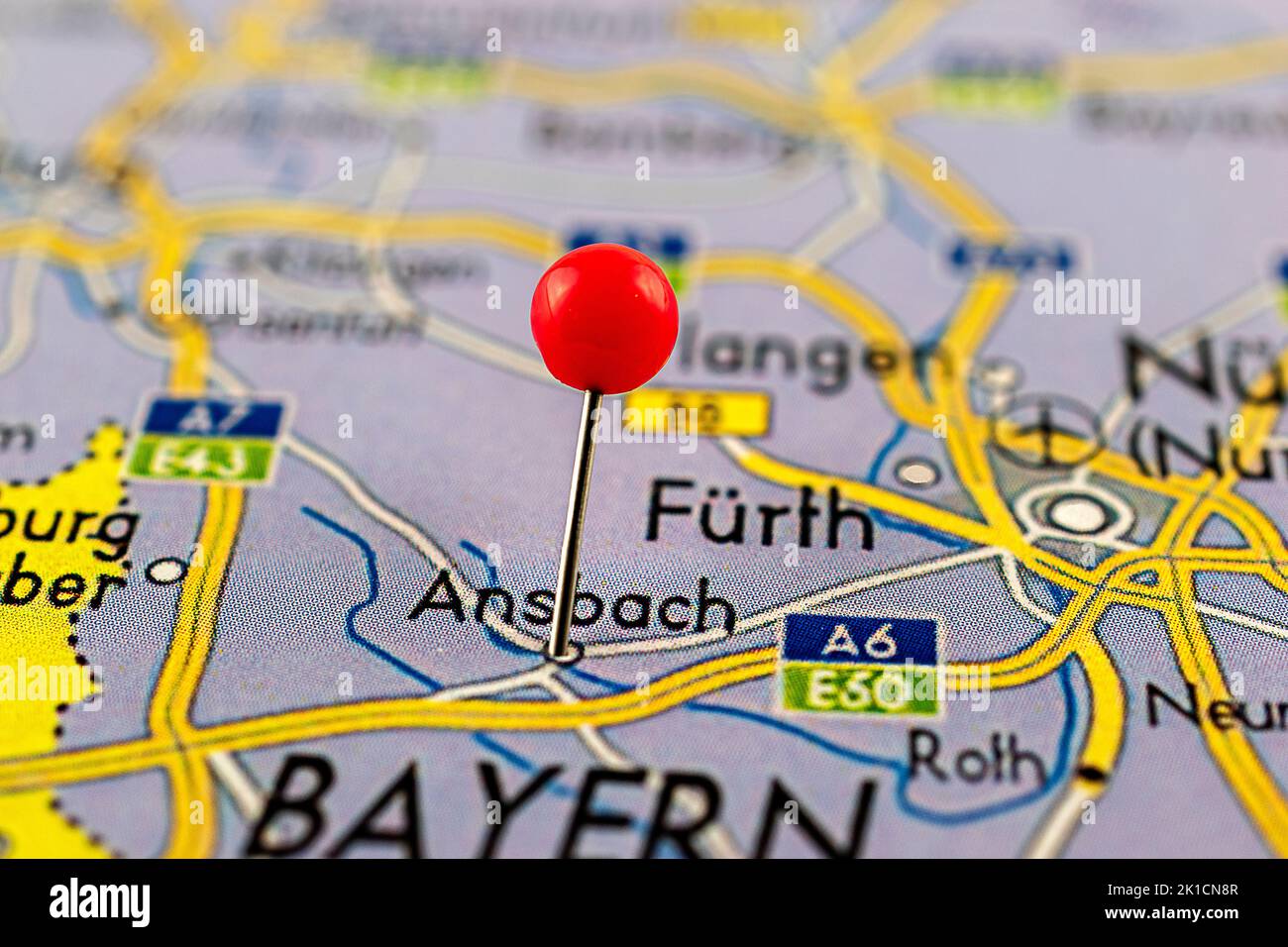 Fürth map. Close up of Furth map with red pin. Map with red pin point ...