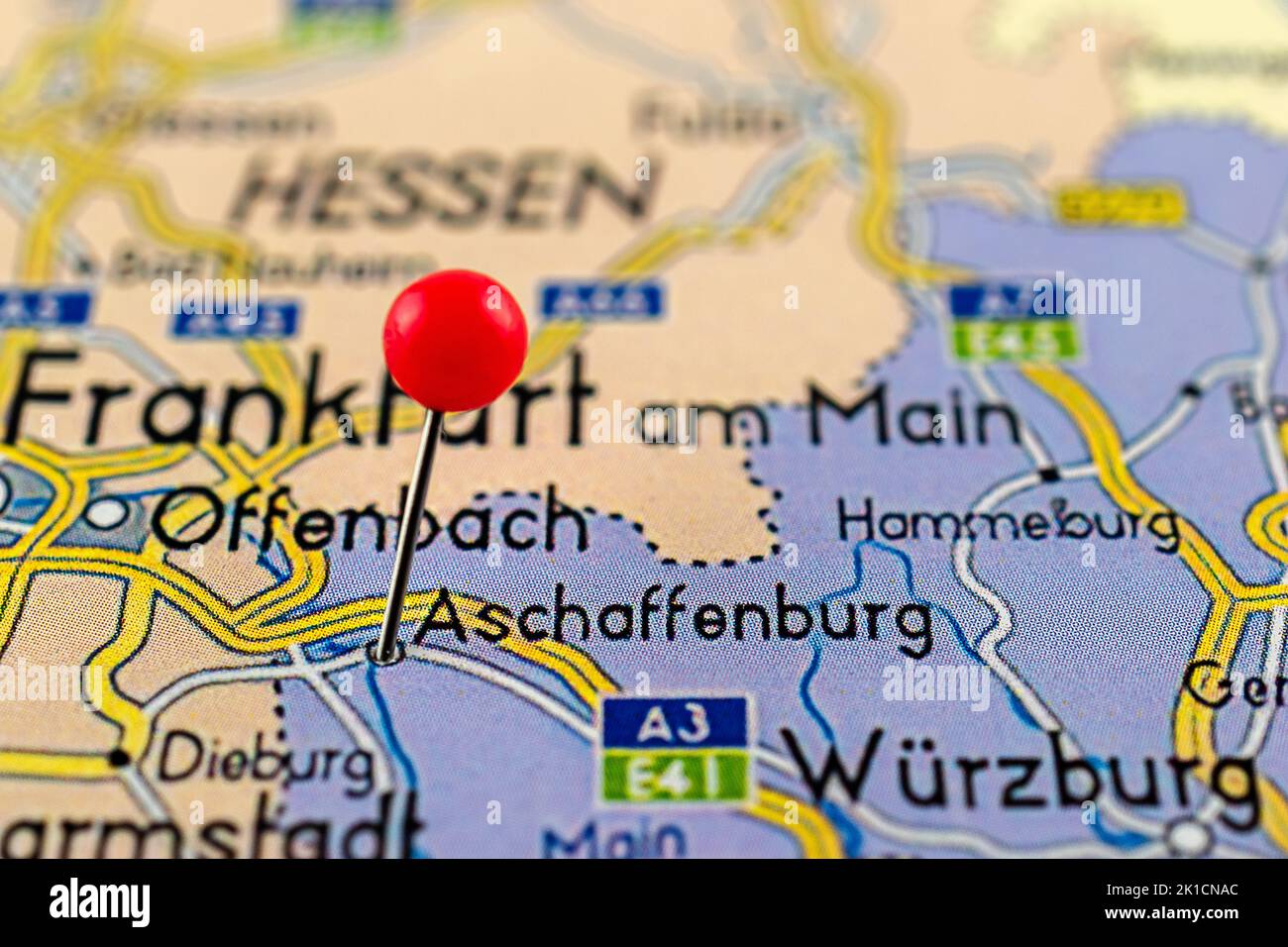 Aschaffenburg map. Close up of Aschaffenburg map with red pin. Map with
