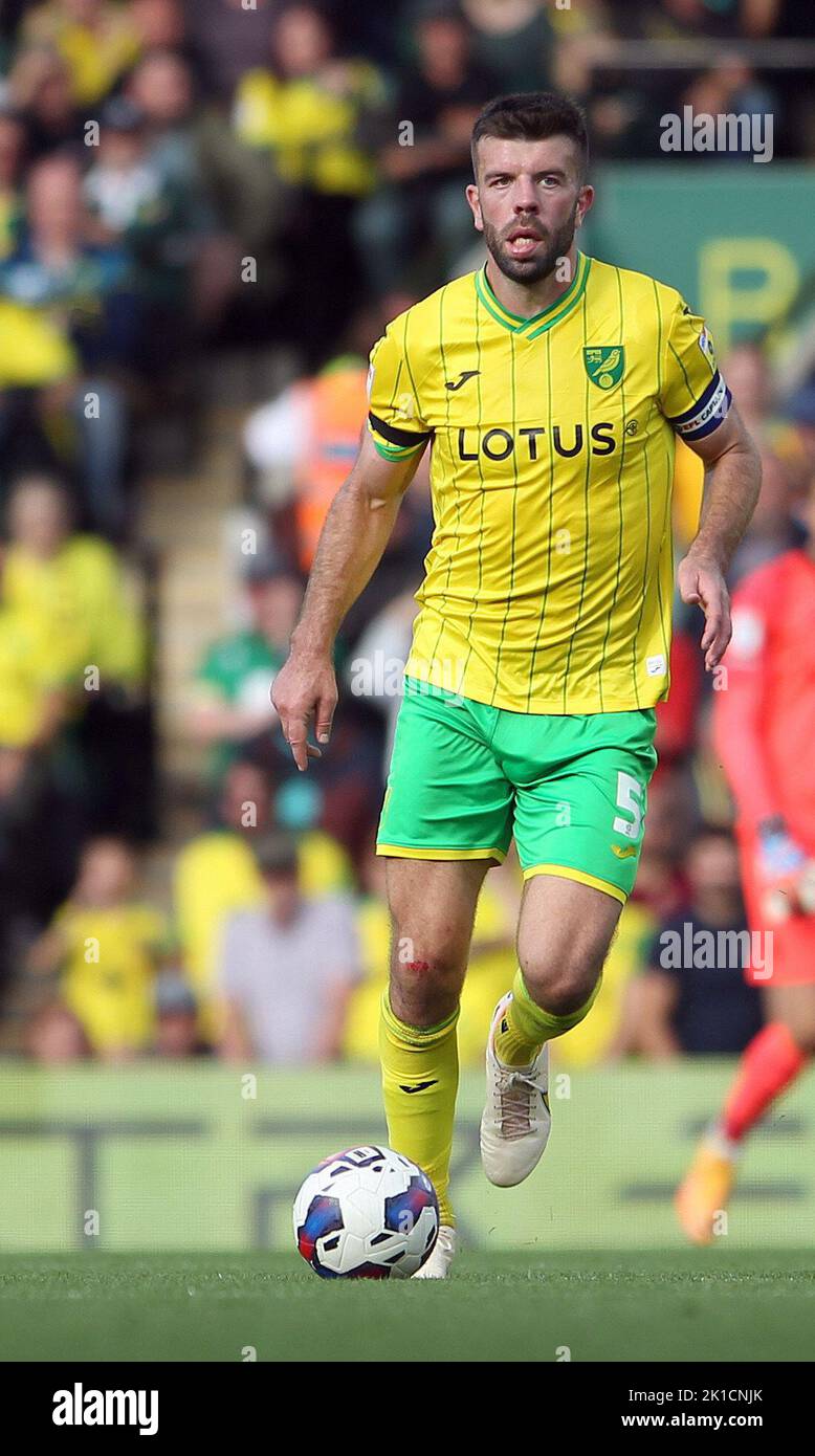Norwich, UK. 17th Sep, 2022. Grant Hanley of Norwich City runs with the ball during the Sky Bet Championship match between Norwich City and West Bromwich Albion at Carrow Road on September 17th 2022 in Norwich, England. (Photo by Mick Kearns/phcimages.com) Credit: PHC Images/Alamy Live News Stock Photo