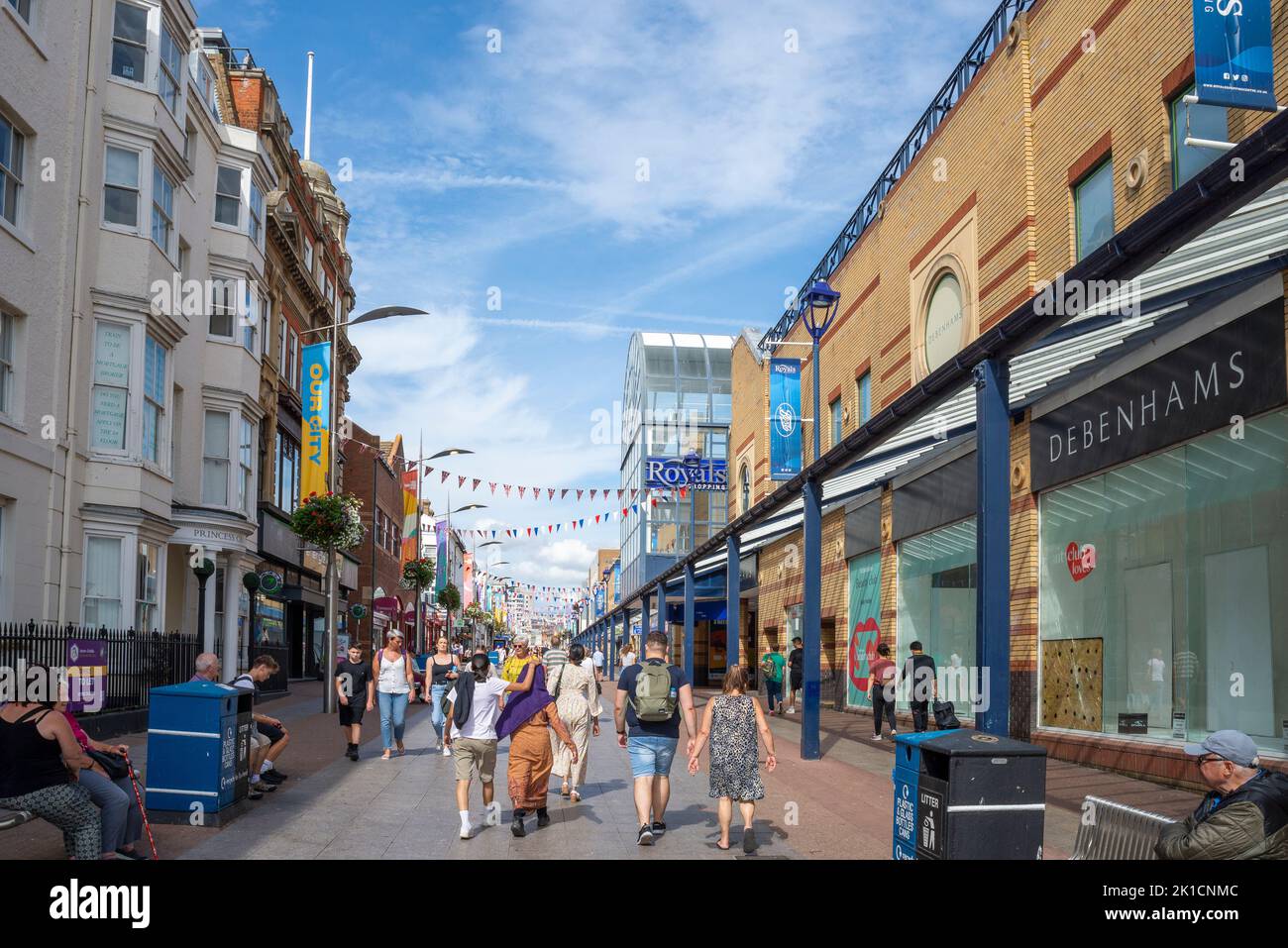 Southend on Sea High Street. New City in Essex. Retail pedestrianised area with shops. Closed Debenhams store in Royals shopping centre Stock Photo