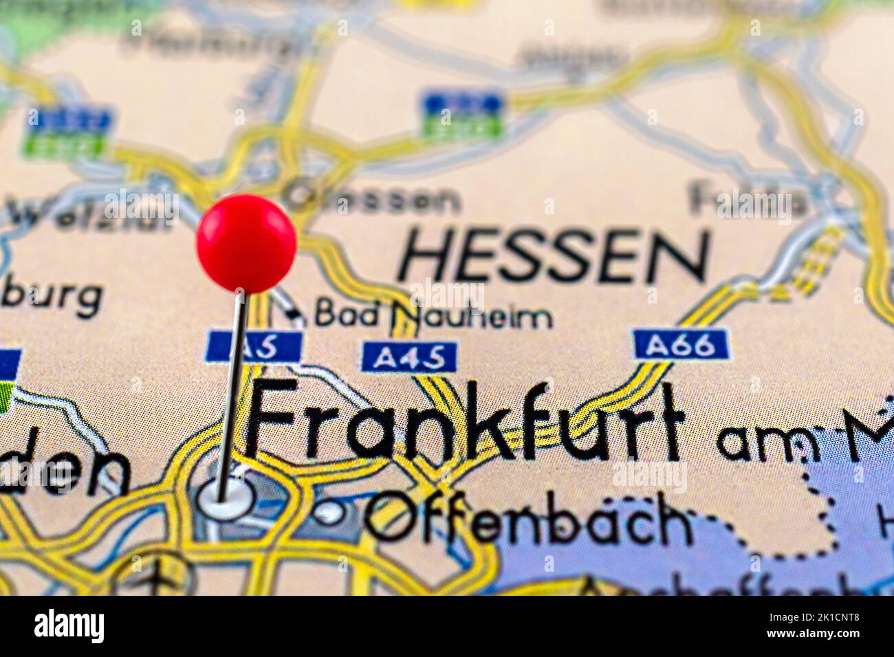 Frankfurt map. Close up of Frankfurt map with red pin. Map with red pin point of Frankfurt in Germany. Stock Photo