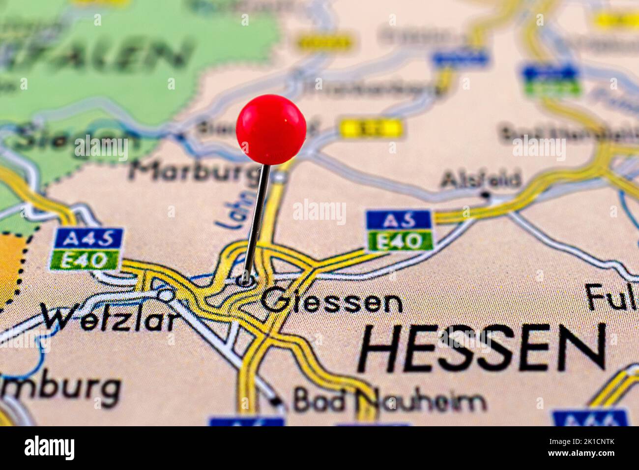 Giessen map. Close up of Giessen map with red pin. Map with red pin point of Giessen in Germany. Stock Photo