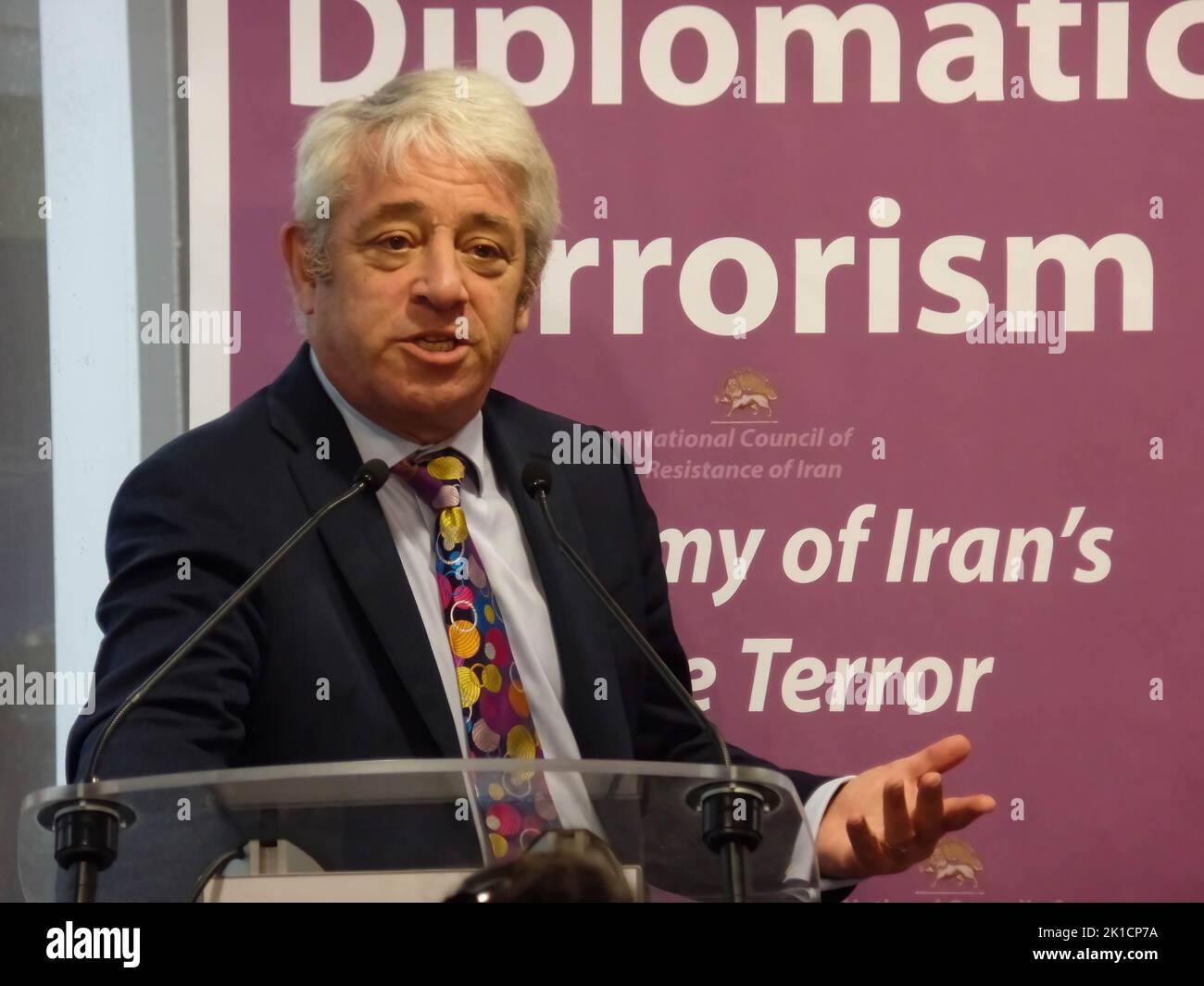 Brussels, Belgium. 16th Sep, 2022. Former Speaker of the British House of Commons John Bercow speaks during the conference. The National Council of Resistance of Iran (NCRI) revealed a new book 'Diplomatic Terrorism, Anatomy of Iran's State Terror' that brings to light the details of a foiled bombing plot by the Iranian regime that has become the centre of a global dispute. Credit: SOPA Images Limited/Alamy Live News Stock Photo