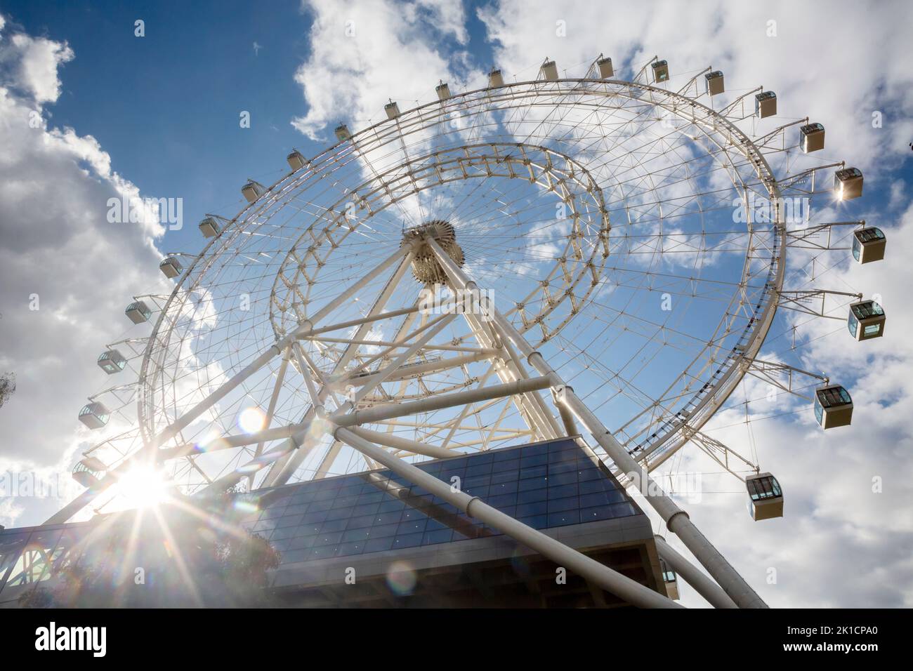 Moscow, Russia. 17th of September, 2022. View of the Sun of Moscow Ferris wheel at the VDNKh exhibition centre and park. Being 140 metres high, it is the largest observation wheel in Europe with 30 sealed capsules Stock Photo
