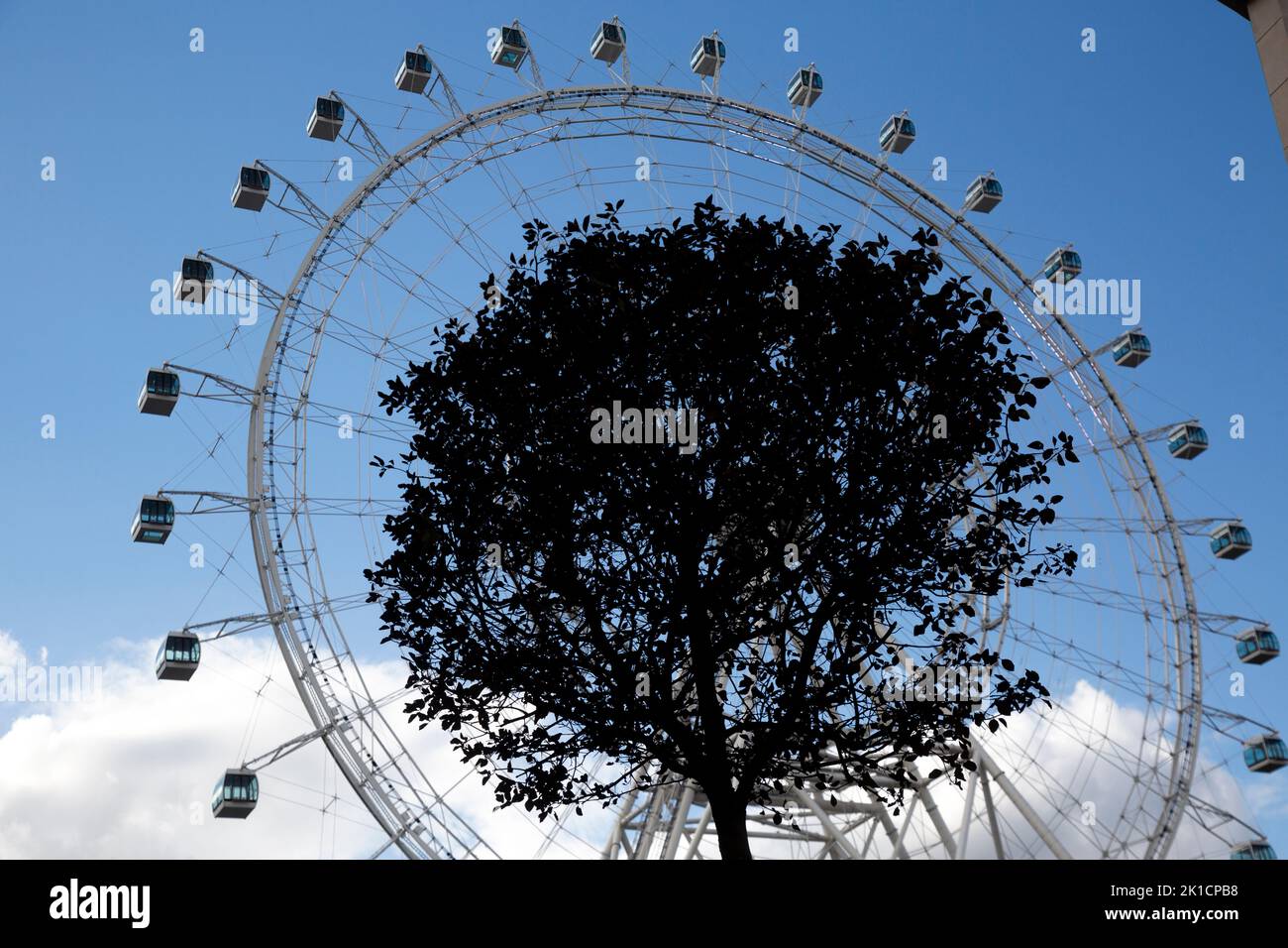 Moscow, Russia. 17th of September, 2022. View of the Sun of Moscow Ferris wheel at the VDNKh exhibition centre and park. Being 140 metres high, it is the largest observation wheel in Europe with 30 sealed capsules Stock Photo