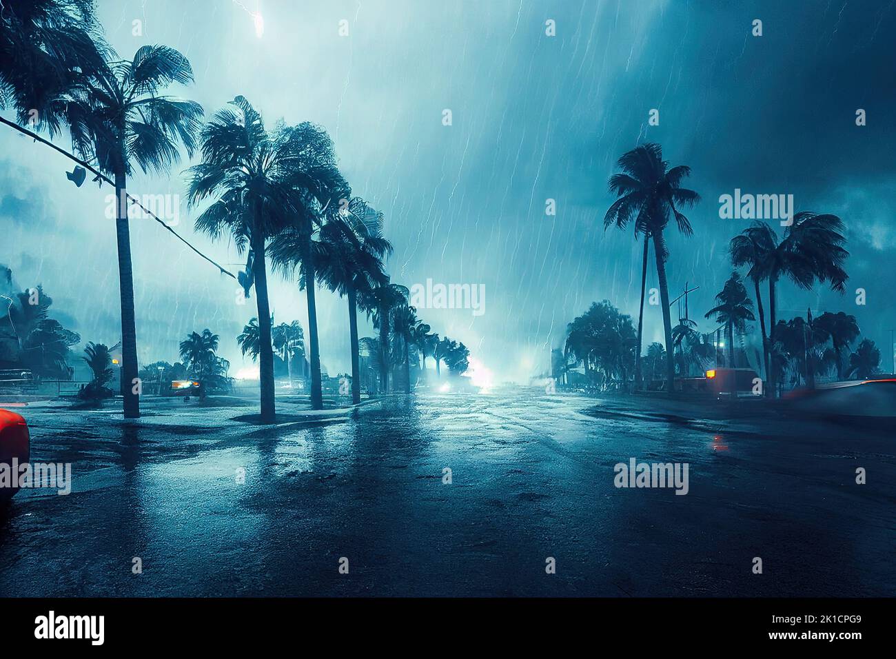Hurricane also called tornado or typhoon with lightnings and twister in the storm on a city street with palms. Natural disasters in towns caused by Stock Photo
