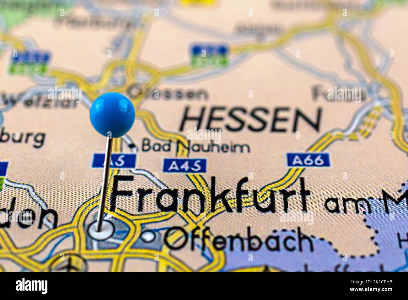 Frankfurt map. Close up of Frankfurt map with blue pin. Map with red pin point of Frankfurt in Germany. Stock Photo
