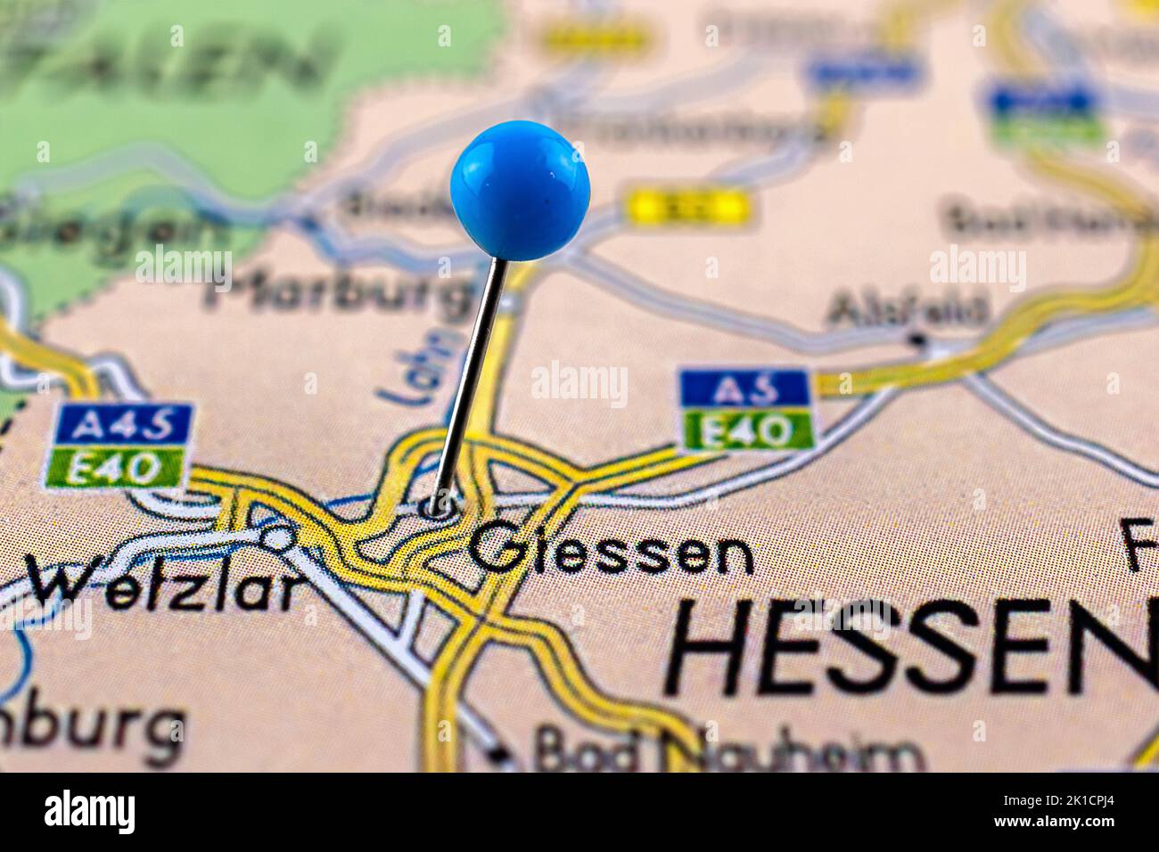 Giessen map. Close up of Giessen map with blue pin. Map with red pin point of Giessen in Germany. Stock Photo