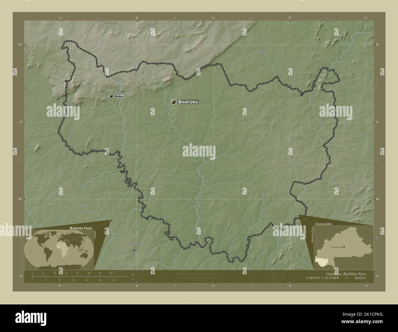 Cascades, region of Burkina Faso. Elevation map colored in wiki style
