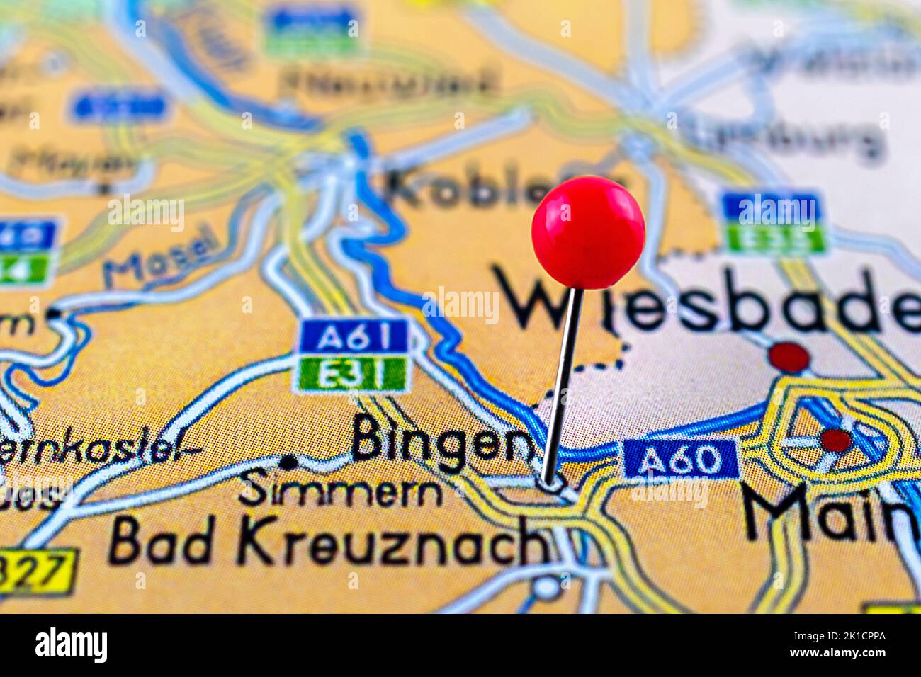 Bingen map. Close up of Bingen map with red pin. Map with red pin point