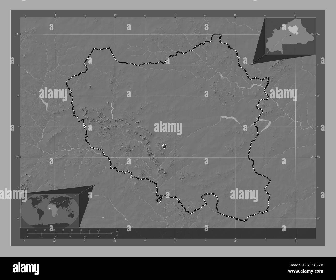 Centre-Nord, region of Burkina Faso. Bilevel elevation map with lakes